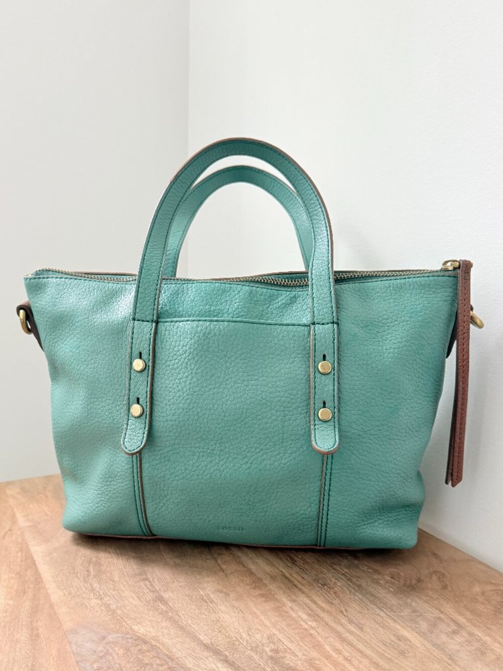 FOSSIL Rachel Leather Satchel Bag Mint Turquoise Teal Green Gold Studded
